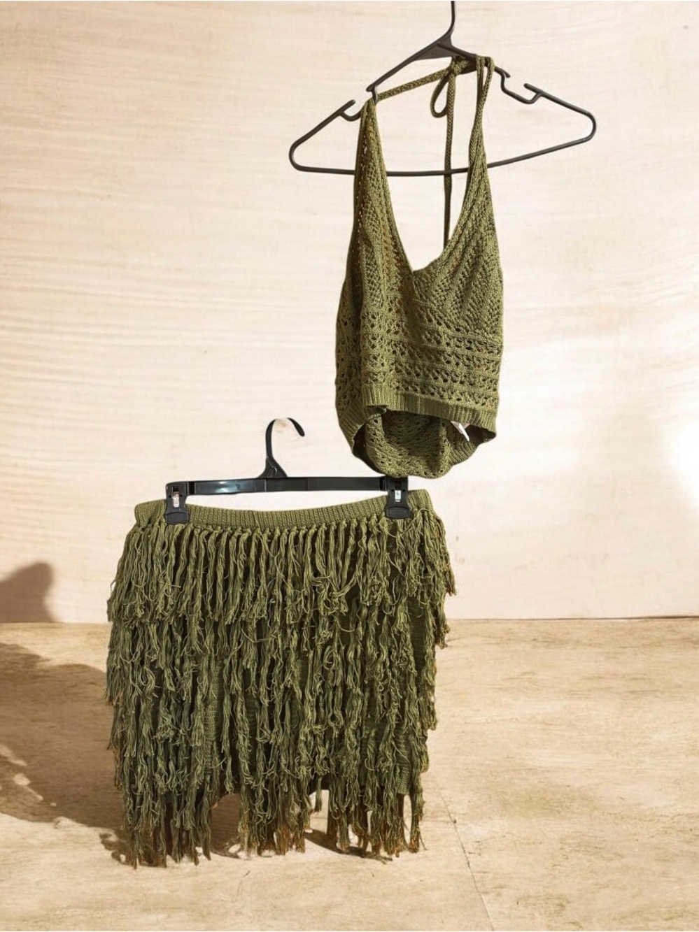 Olive Green Crochet Fringe Mini Skirt Set- Women